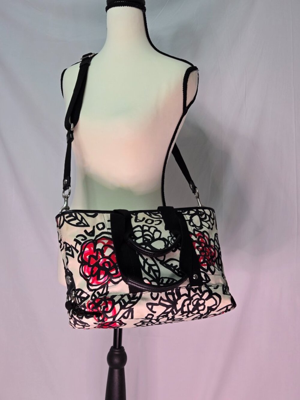 Coach Cream Purse with Black Logo Sketch and Red Floral Accents